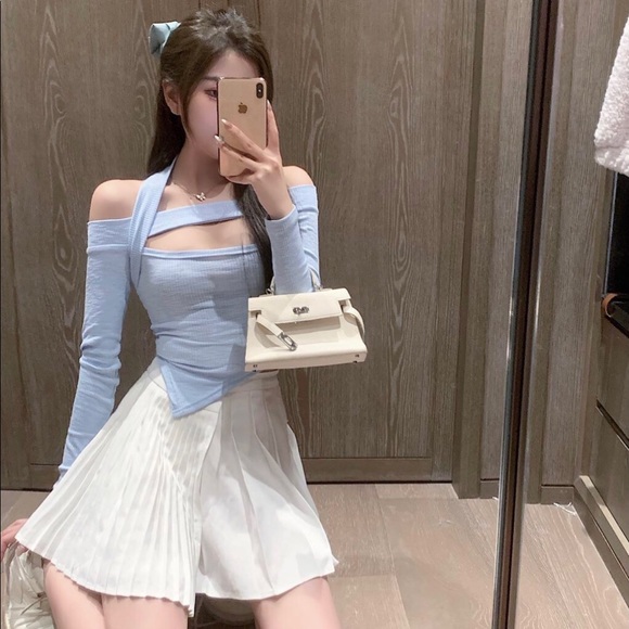 Shirt halter blue womens off shoulder top sexy - Picture 3 of 3